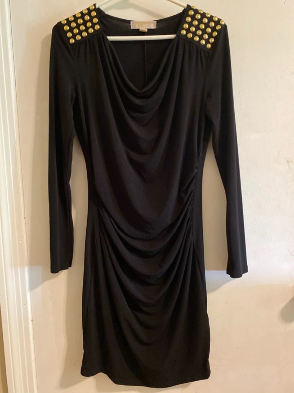 Michael Kors Black Long-Sleeve Draped Dress with Gold Stud Shoulders